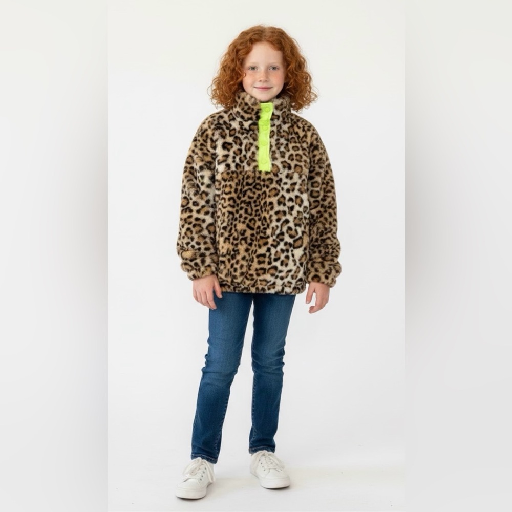 Treasure & Bond Girls Cheetah Faux Fur Half Snap Pullover Sweater W/Pockets Brn